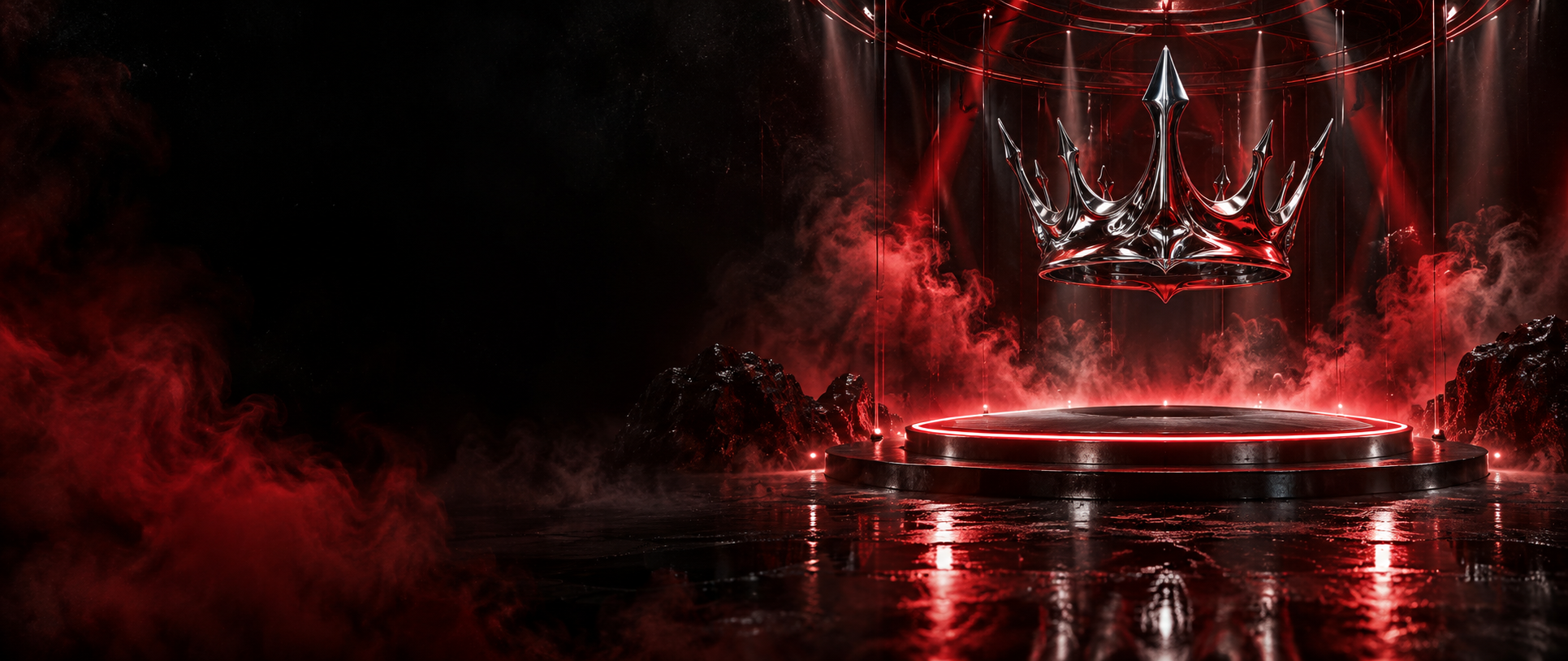 Chrome crown above a crimson-lit stage surrounded by smoke